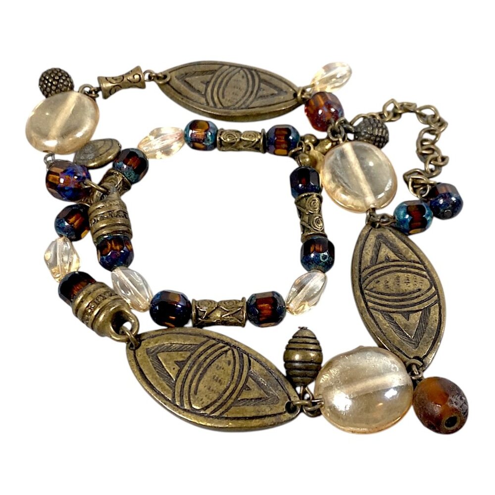 Chicos Choker Necklace 18" Brass Lampwork Art Glass Bead Dangle Eclectic Boho